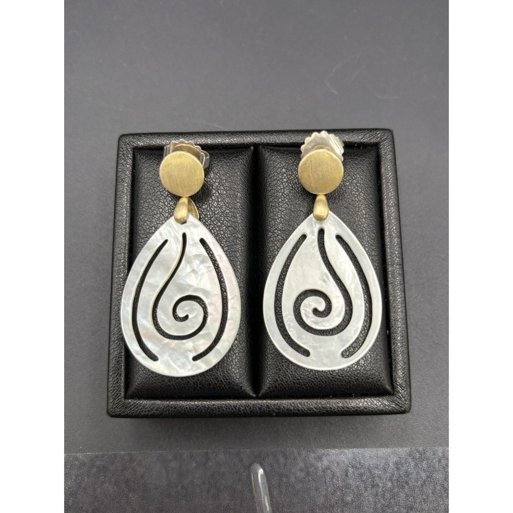 Vintage Gold Sterling Silver Carved Mother Pearl Dangle Earrings 925 E18